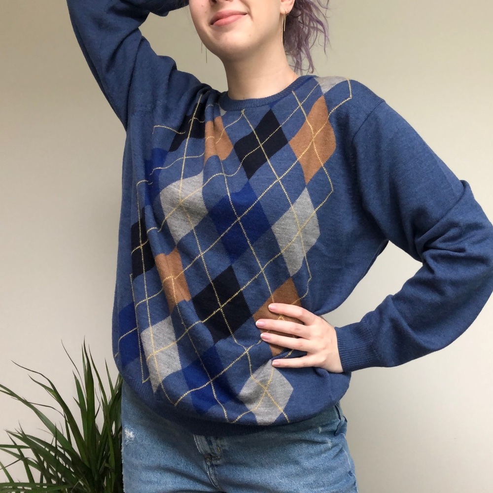 vintage 90's merino wool argyle crewneck sweater size L - Picture 4 of 4